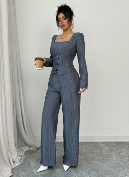 Chic Striped Square Collar Blazer & Pant Set