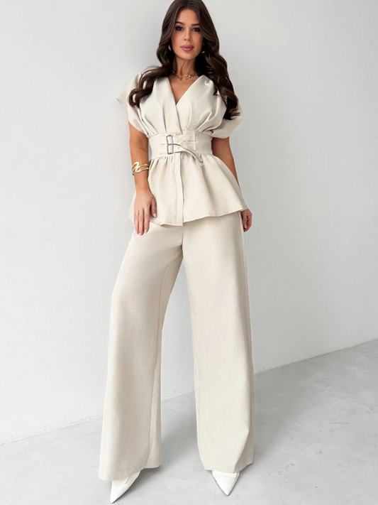 Elegant Apricot Bamboo V-Neck Suit Set